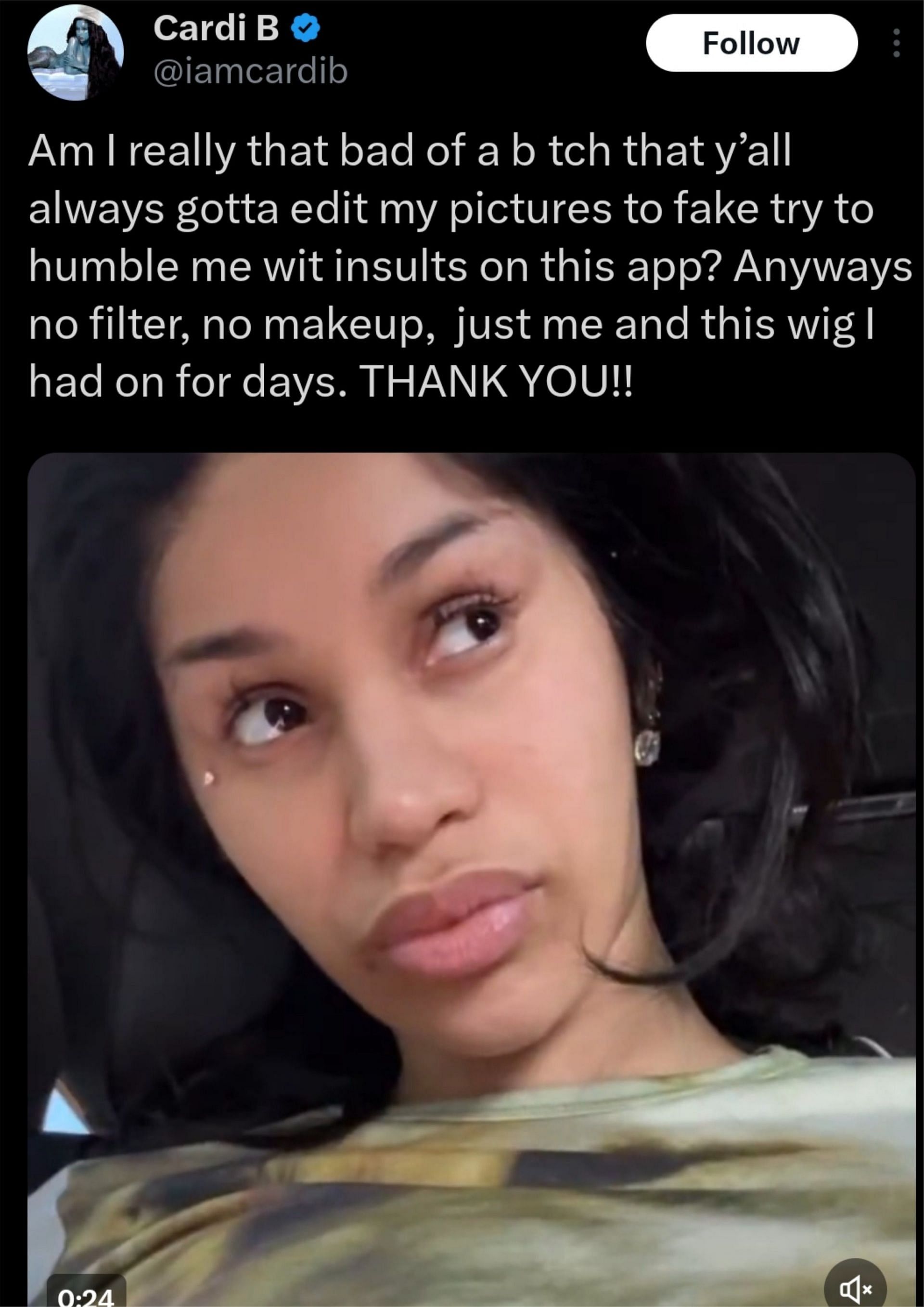 Cardi B reacted to trolls, (Image via @iamcardib/X)